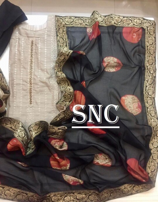 Upada silk semi stitched beige n black image 2