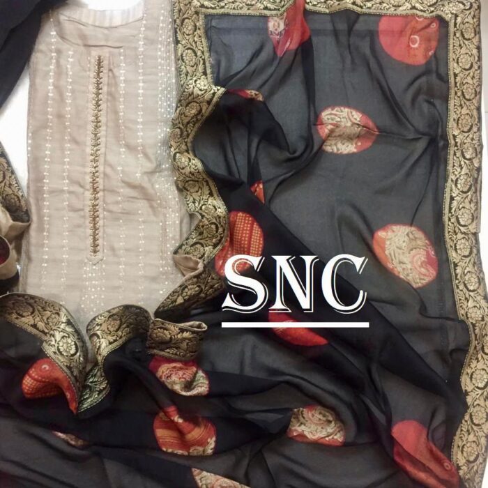 Upada silk semi stitched beige n black image 2